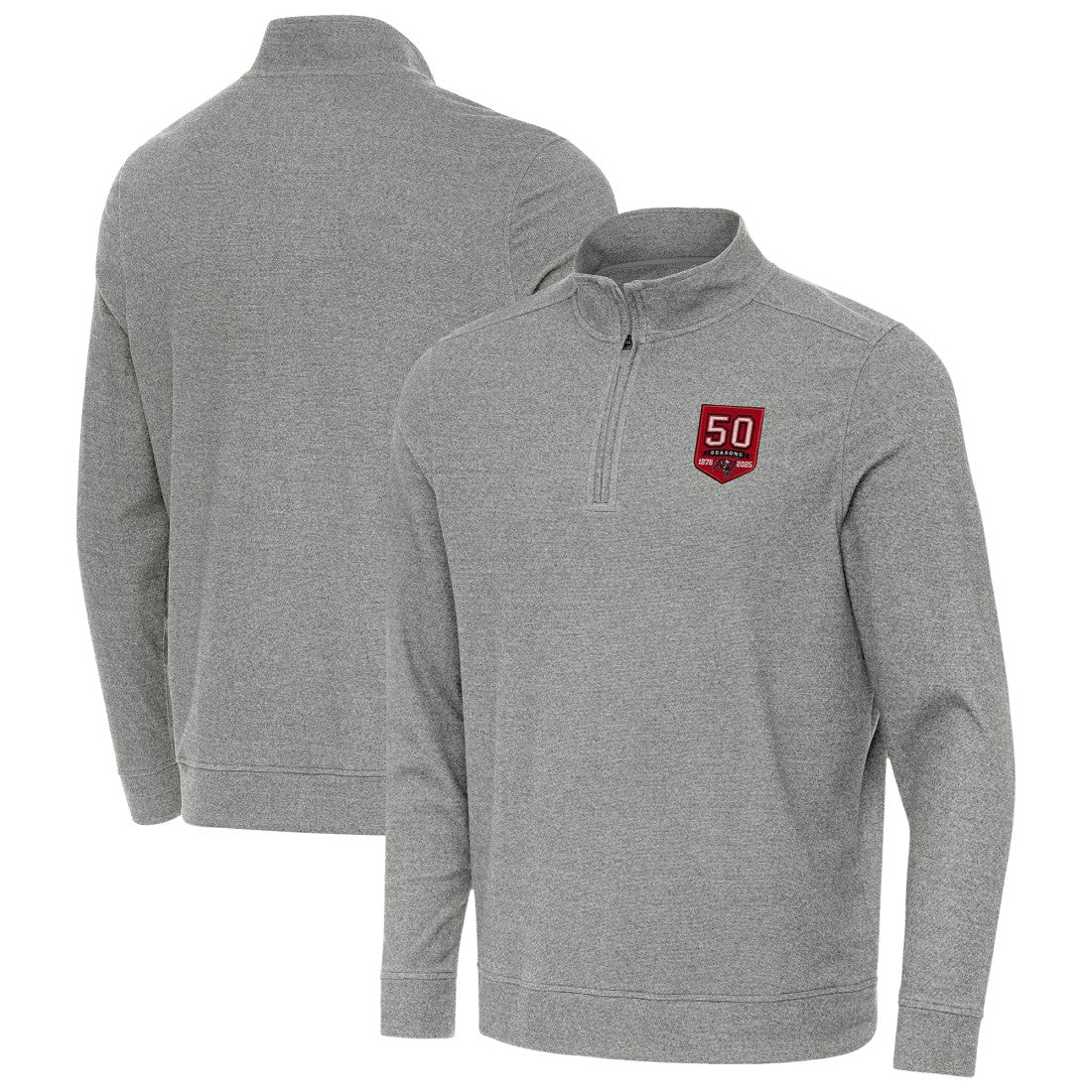 Tampa Bay Buccaneers Antigua 50th Season Subtle Quarter-Zip Sweatshirt Heather Black | NFL