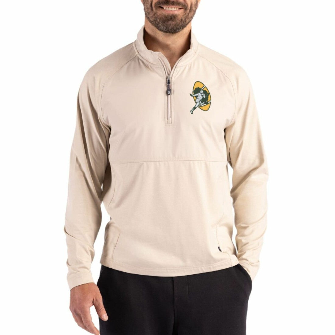 Green Bay Packers Cutter & Buck Adapt Eco Knit Hybrid Recycled Quarter-Zip Jacket Light Brown | NFL