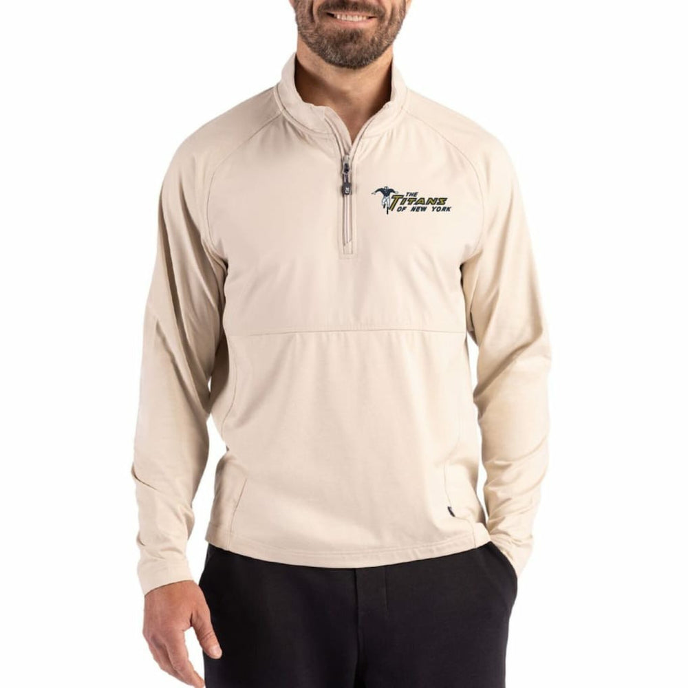 New York Jets Cutter & Buck Adapt Eco Knit Hybrid Recycled Quarter-Zip Jacket Light Brown | NFL