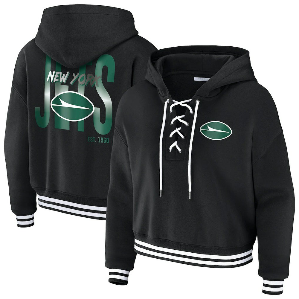 New York Jets WEAR by Erin Andrews Women's Lace-Up Fleece Hoodie Black | NFL