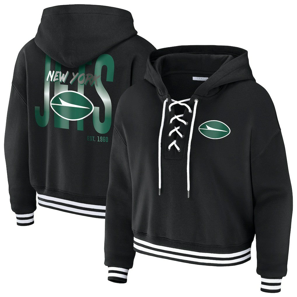 New York Jets WEAR by Erin Andrews Women's Lace-Up Fleece Hoodie Black | NFL