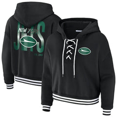 New York Jets WEAR by Erin Andrews Women's Lace-Up Fleece Hoodie Black | NFL