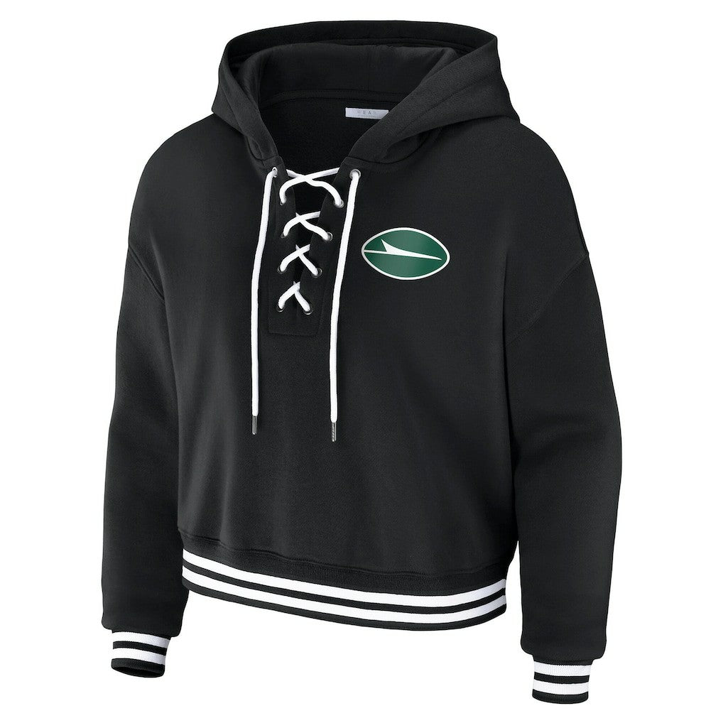 New York Jets WEAR by Erin Andrews Women's Lace-Up Fleece Hoodie Black | NFL
