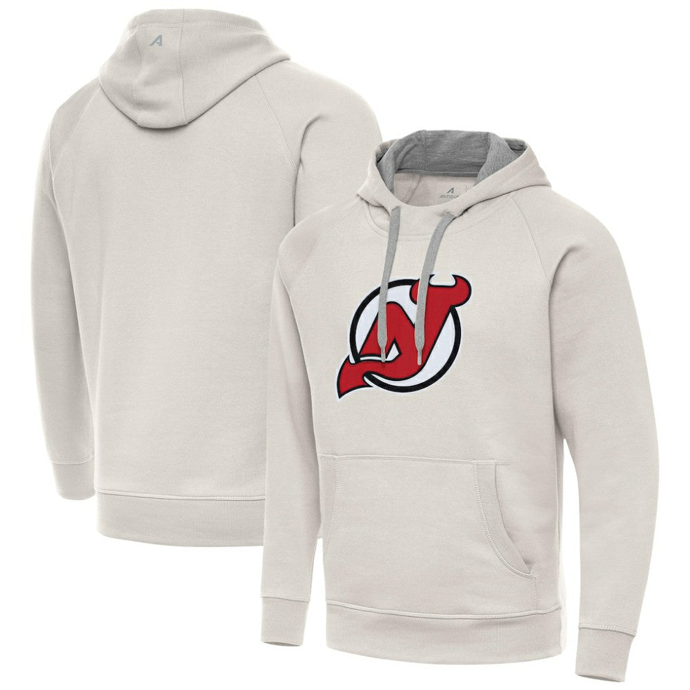 New Jersey Devils Antigua Big Logo Victory Pullover Hoodie - Cream - NHL
