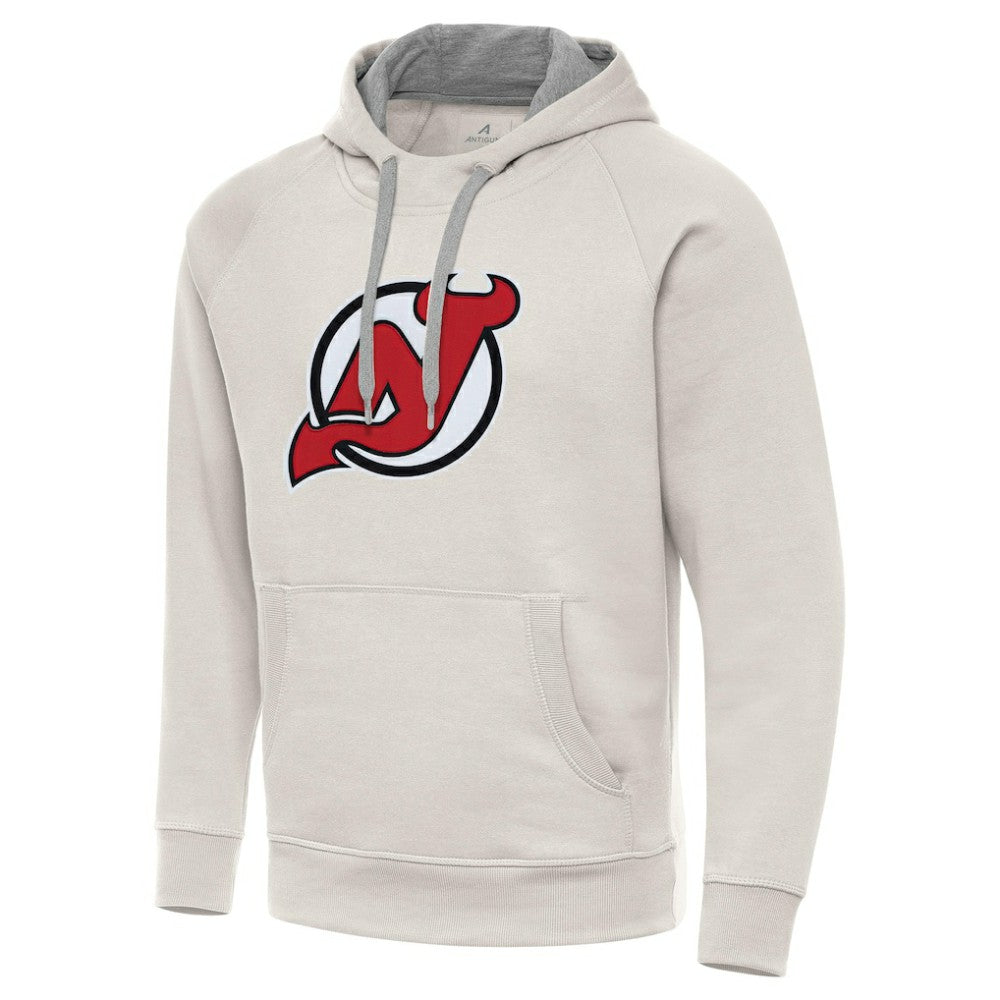 New Jersey Devils Antigua Big Logo Victory Pullover Hoodie - Cream - NHL