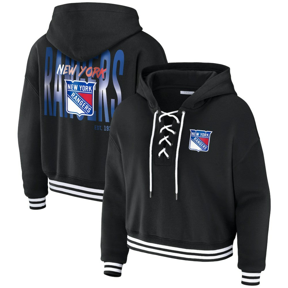 New York Rangers WEAR by Erin Andrews Women's Cropped Lace-Up Hoodie - Black - NHL