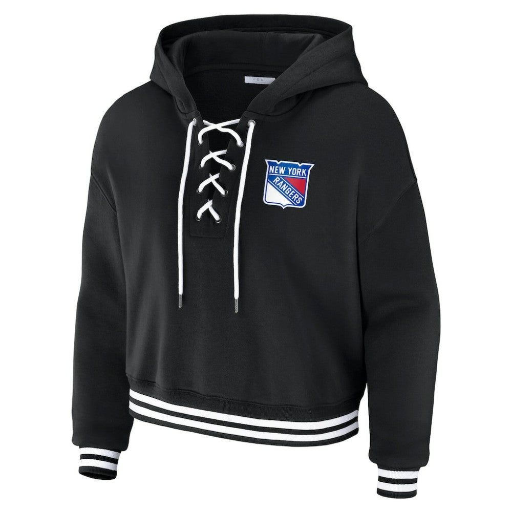 New York Rangers WEAR by Erin Andrews Women's Cropped Lace-Up Hoodie - Black - NHL