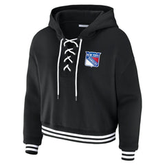 New York Rangers WEAR by Erin Andrews Women's Cropped Lace-Up Hoodie - Black - NHL