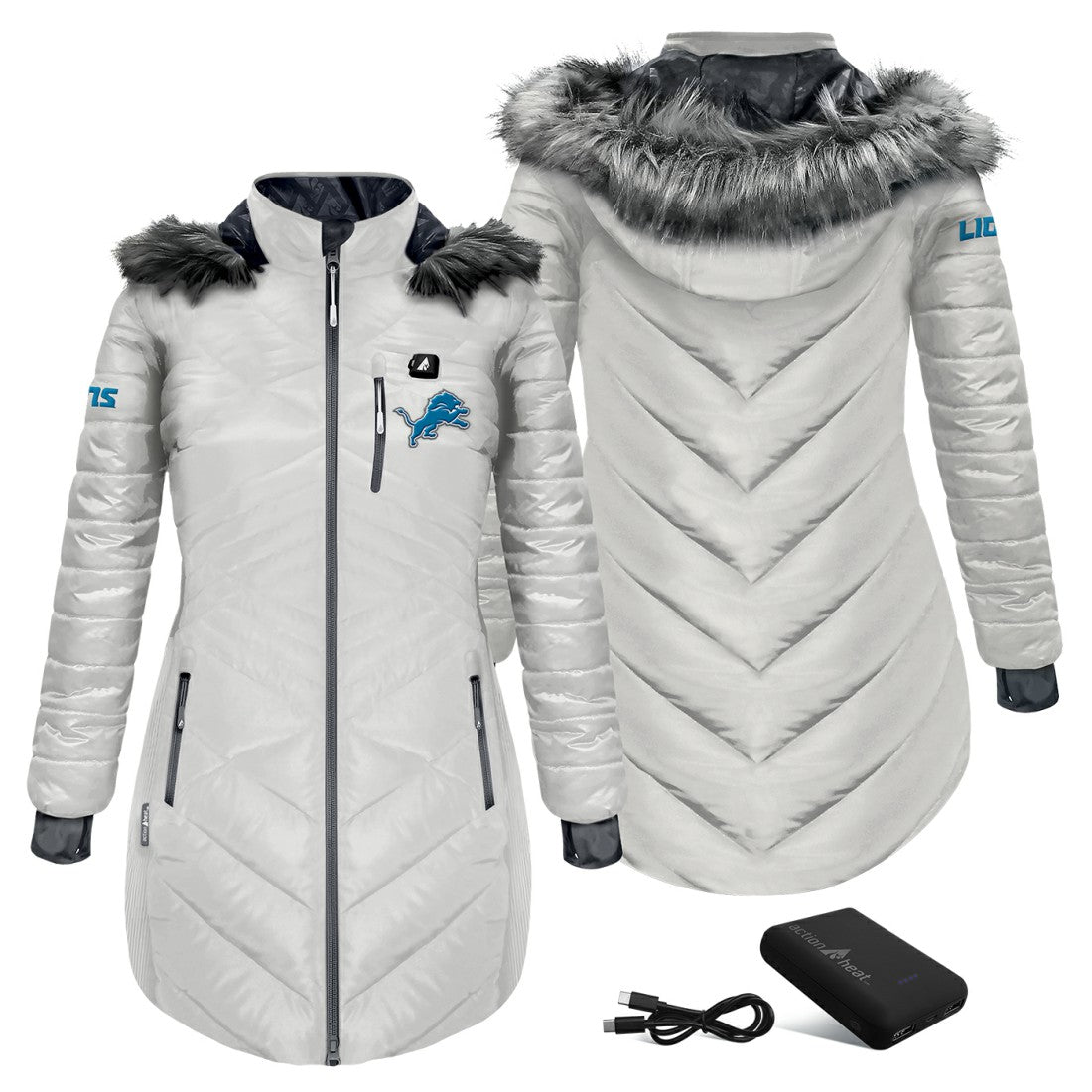 Detroit Lions ActionHeat Women's 5V Battery Heated Long Puffer Full-Zip Hoodie Jacket White | NFL