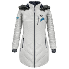 Detroit Lions ActionHeat Women's 5V Battery Heated Long Puffer Full-Zip Hoodie Jacket White | NFL