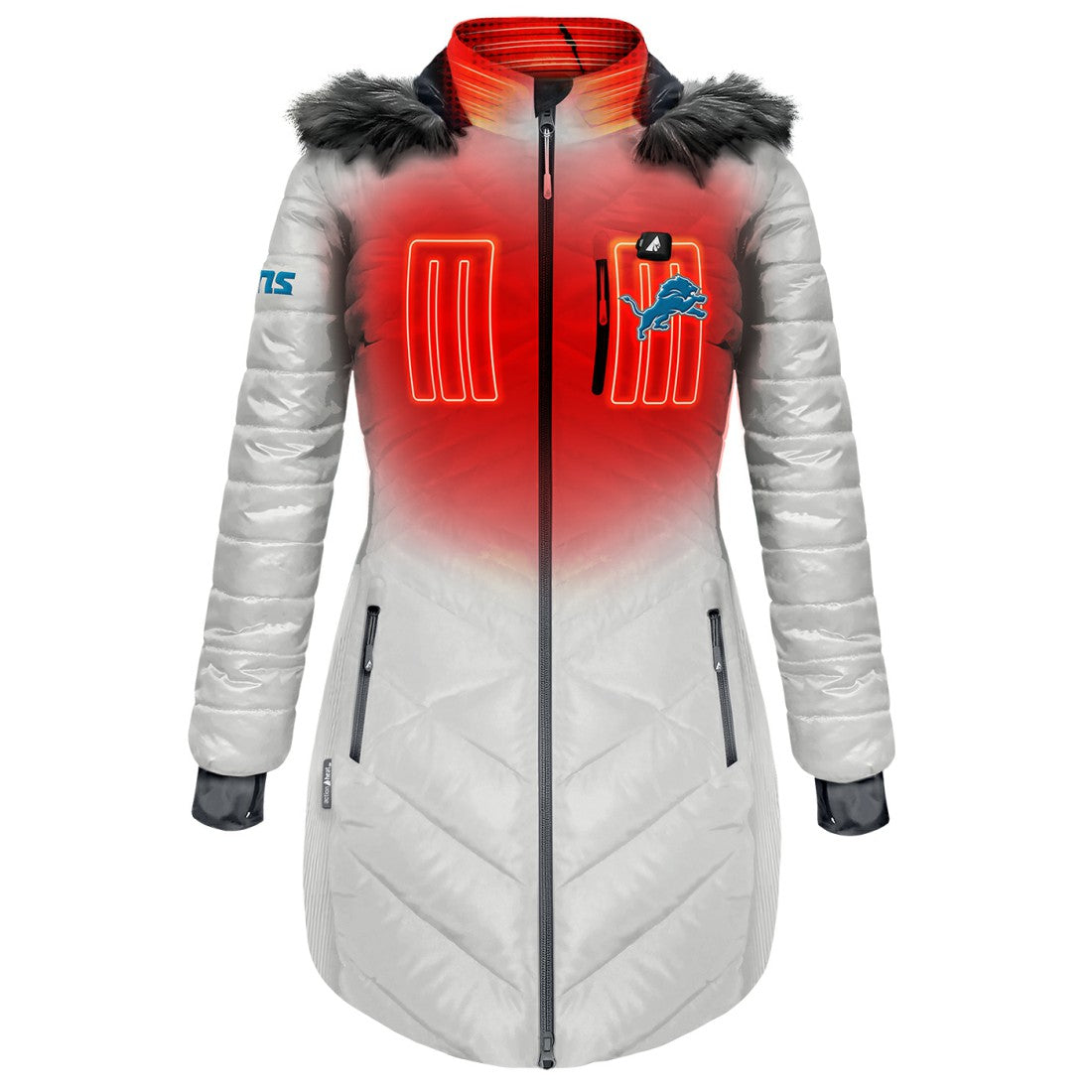Detroit Lions ActionHeat Women's 5V Battery Heated Long Puffer Full-Zip Hoodie Jacket White | NFL