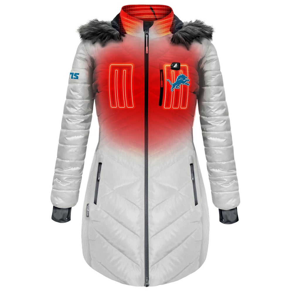 Detroit Lions ActionHeat Women's 5V Battery Heated Long Puffer Full-Zip Hoodie Jacket White | NFL