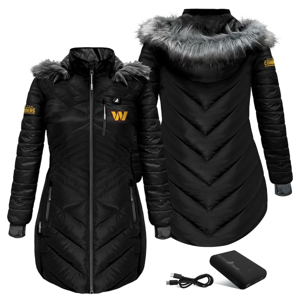 Washington Commanders ActionHeat Women's 5V Battery Heated Long Puffer Full-Zip Hoodie Jacket Black | NFL