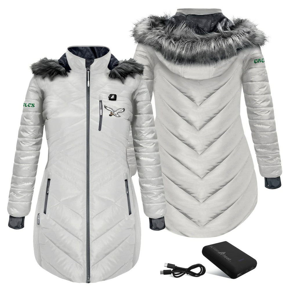 Philadelphia Eagles ActionHeat Women's 5V Battery Heated Long Puffer Full-Zip Hoodie Jacket White | NFL