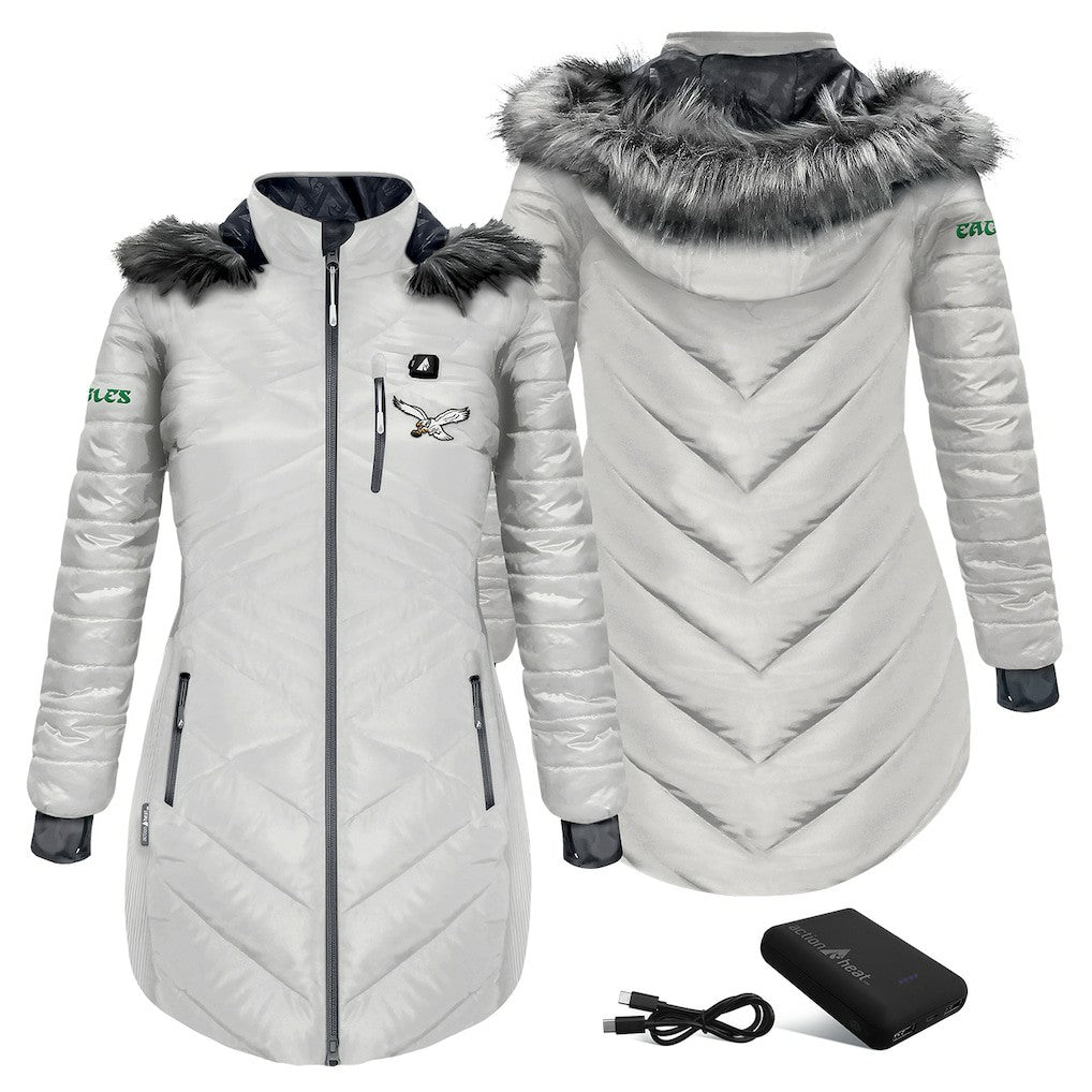 Philadelphia Eagles ActionHeat Women's 5V Battery Heated Long Puffer Full-Zip Hoodie Jacket White | NFL
