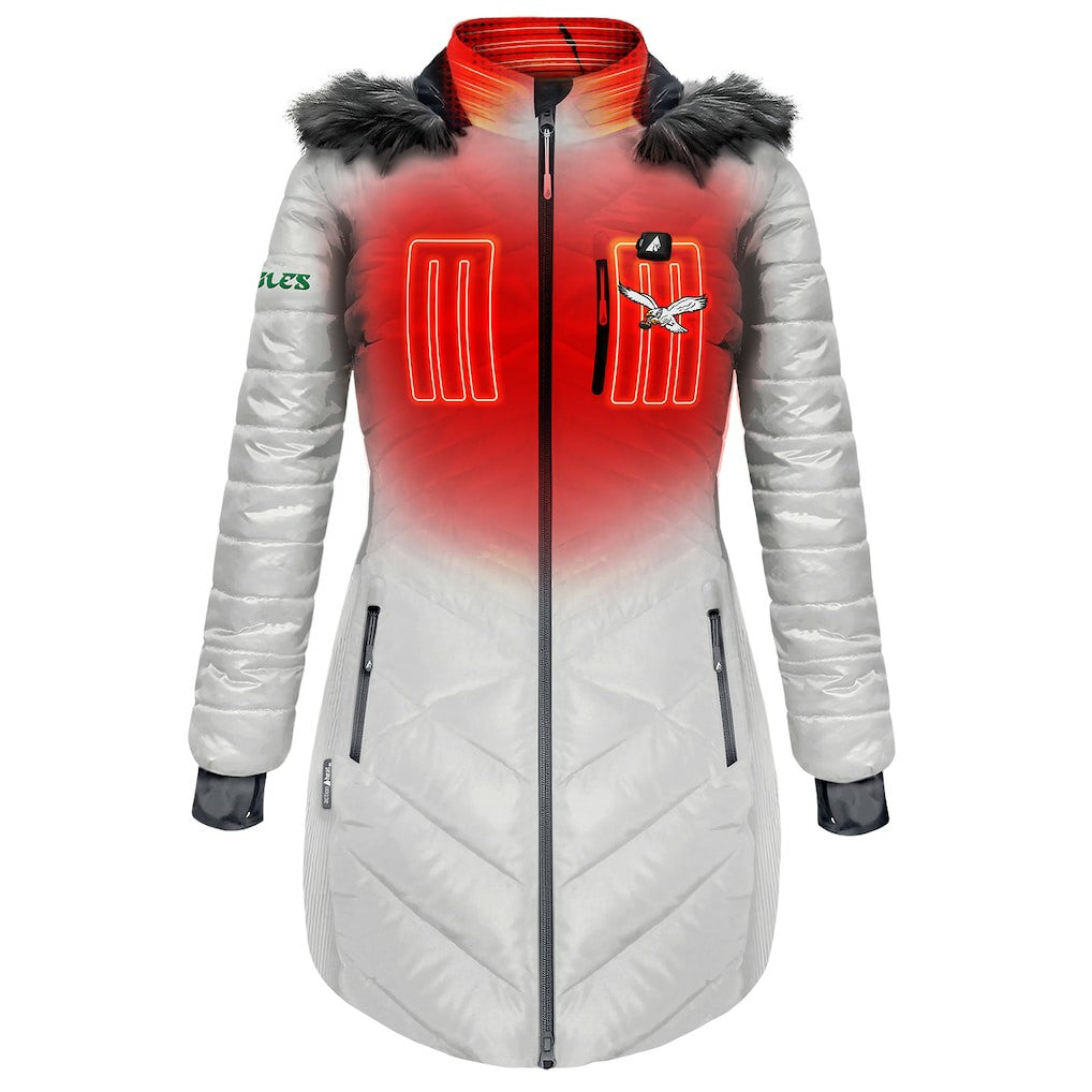 Philadelphia Eagles ActionHeat Women's 5V Battery Heated Long Puffer Full-Zip Hoodie Jacket White | NFL