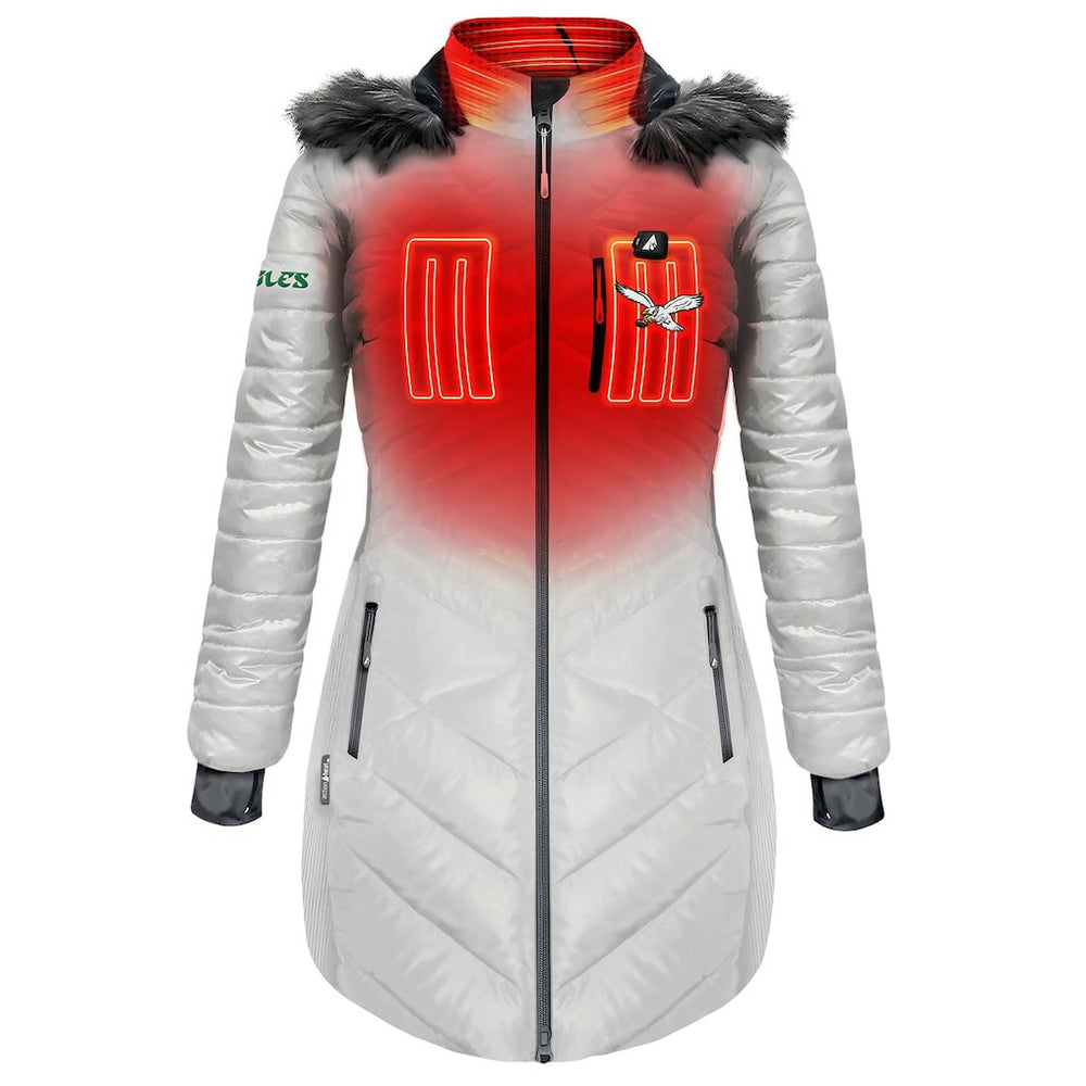 Philadelphia Eagles ActionHeat Women's 5V Battery Heated Long Puffer Full-Zip Hoodie Jacket White | NFL