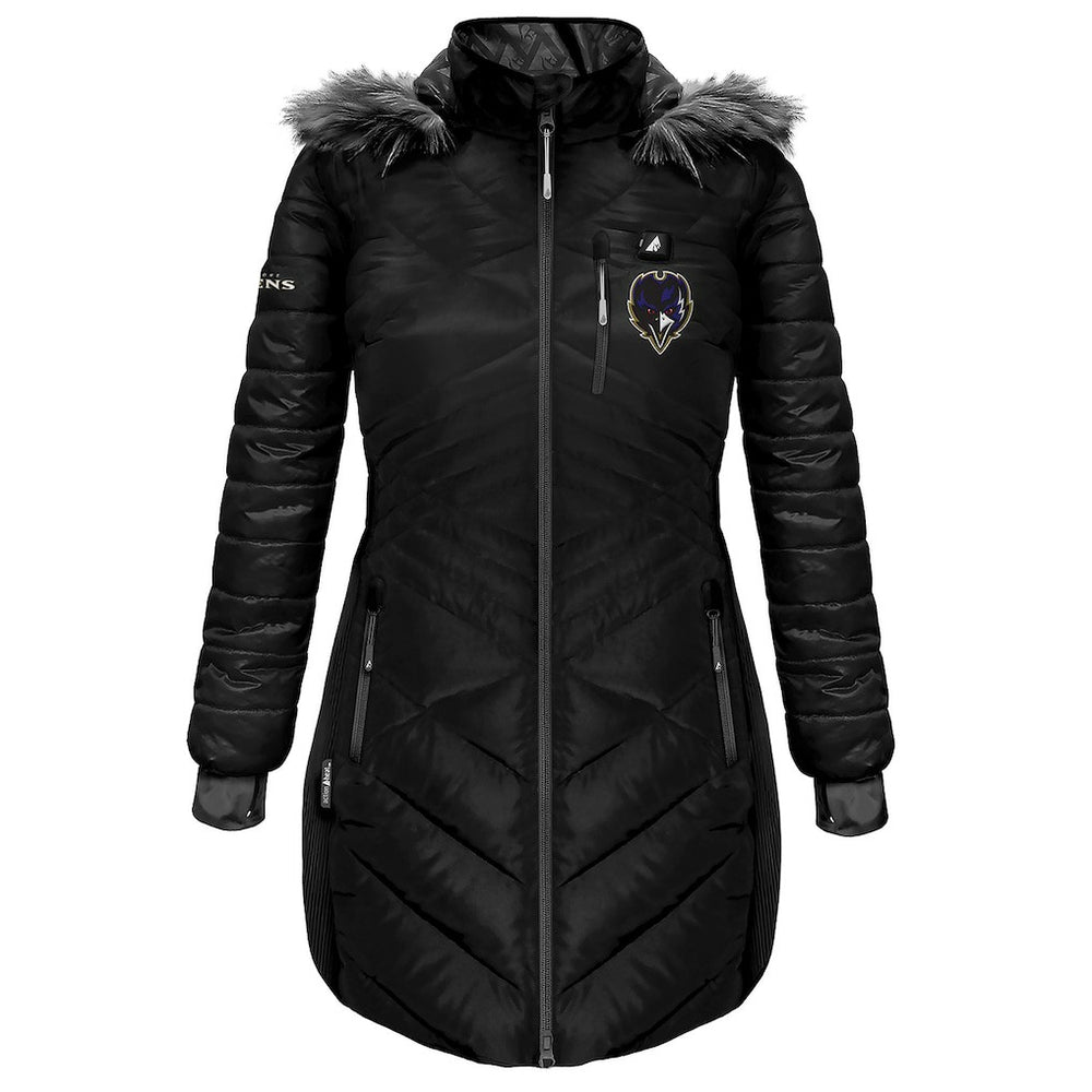 Baltimore Ravens ActionHeat Women's 5V Battery Heated Long Puffer Full-Zip Hoodie Jacket Black | NFL