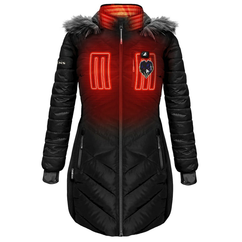 Baltimore Ravens ActionHeat Women's 5V Battery Heated Long Puffer Full-Zip Hoodie Jacket Black | NFL