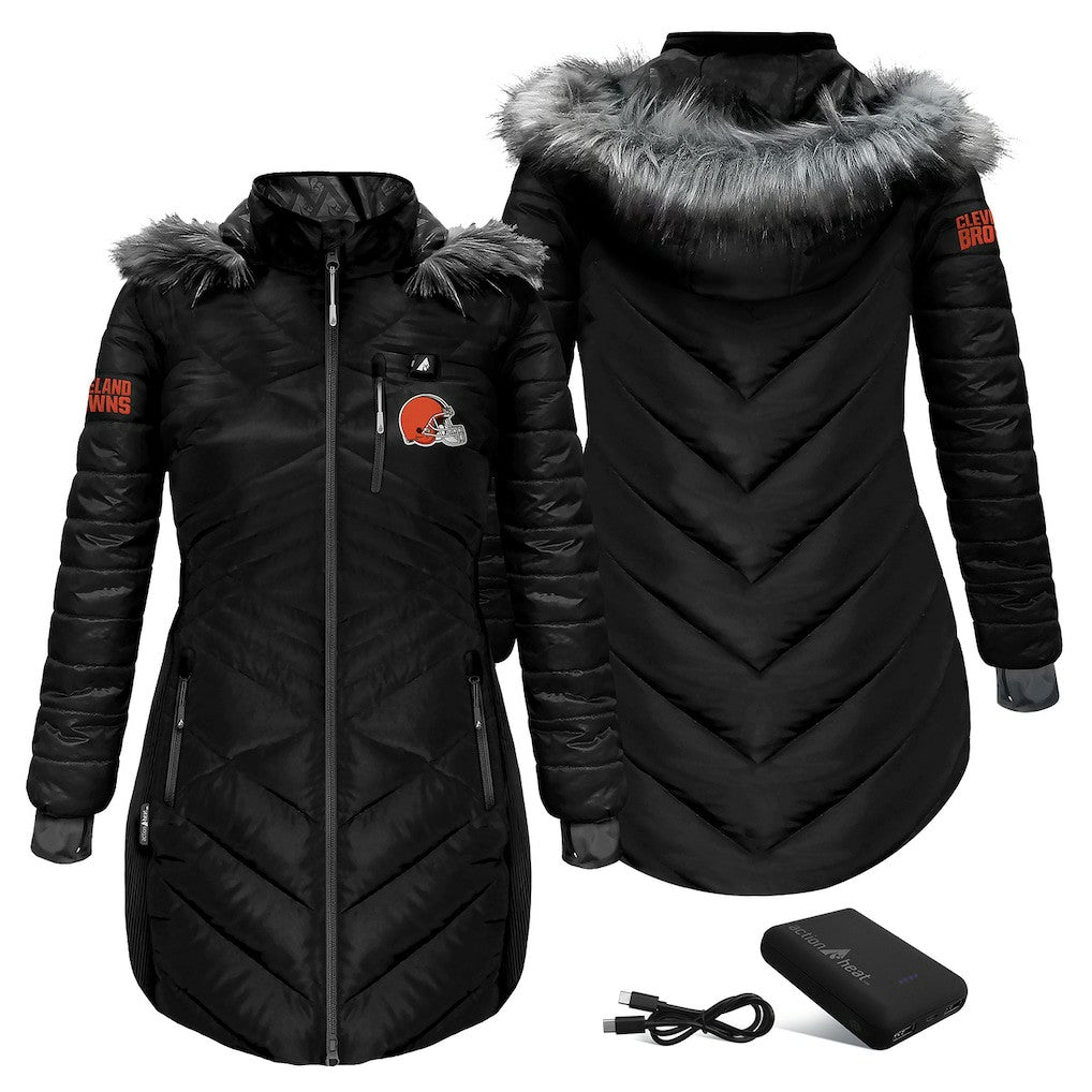 Cleveland Browns ActionHeat Women's 5V Battery Heated Long Puffer Full-Zip Hoodie Jacket Black | NFL