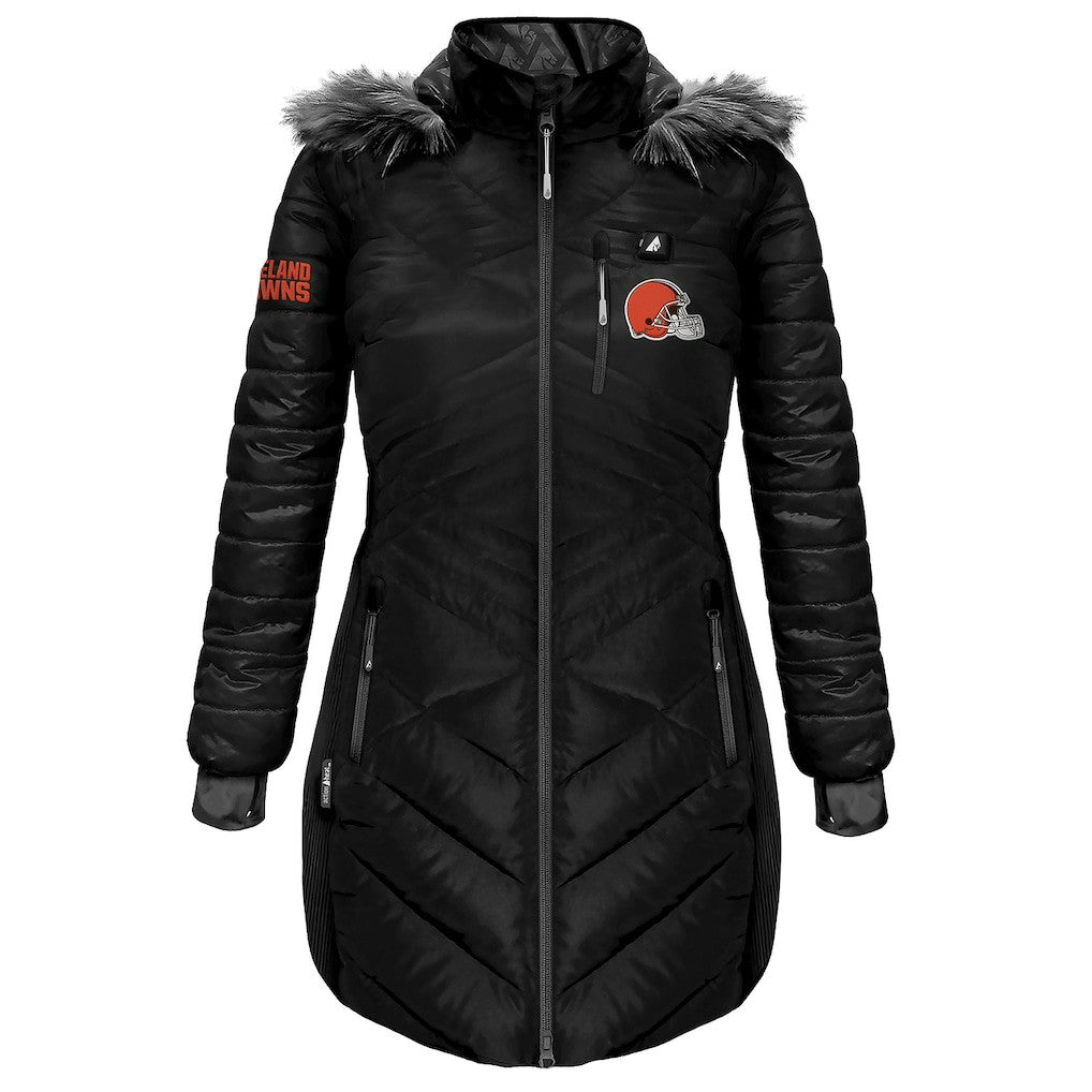 Cleveland Browns ActionHeat Women's 5V Battery Heated Long Puffer Full-Zip Hoodie Jacket Black | NFL