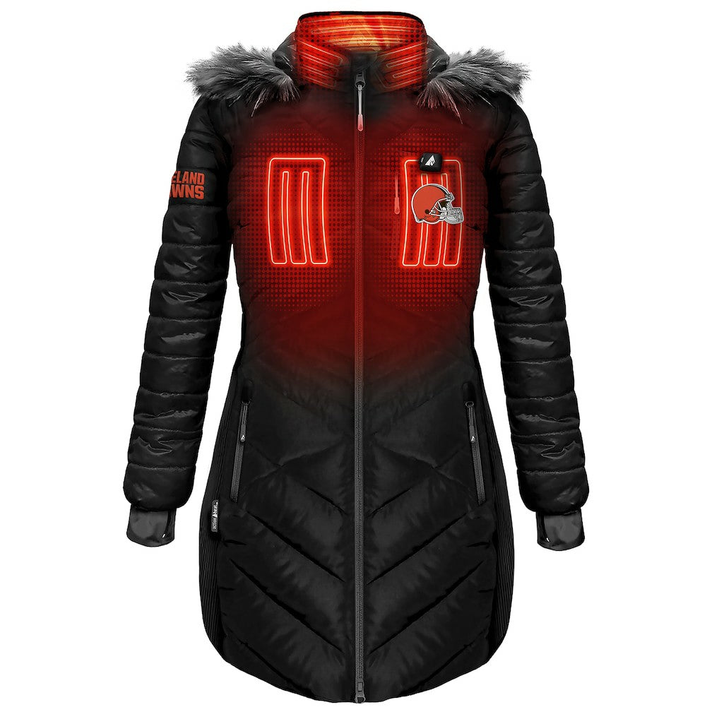 Cleveland Browns ActionHeat Women's 5V Battery Heated Long Puffer Full-Zip Hoodie Jacket Black | NFL