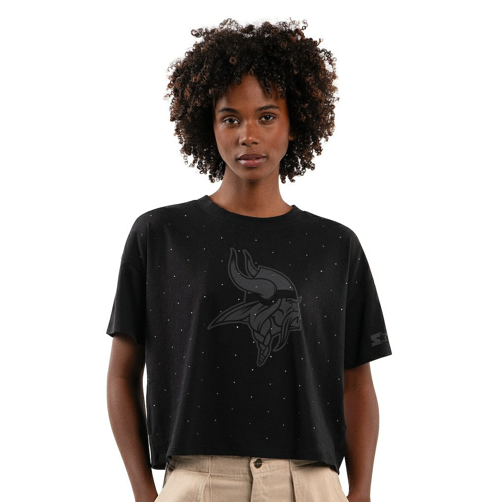 Minnesota Vikings Starter Women's Rhinestone Sprinkle Boxy Cropped T-Shirt Black | NFL