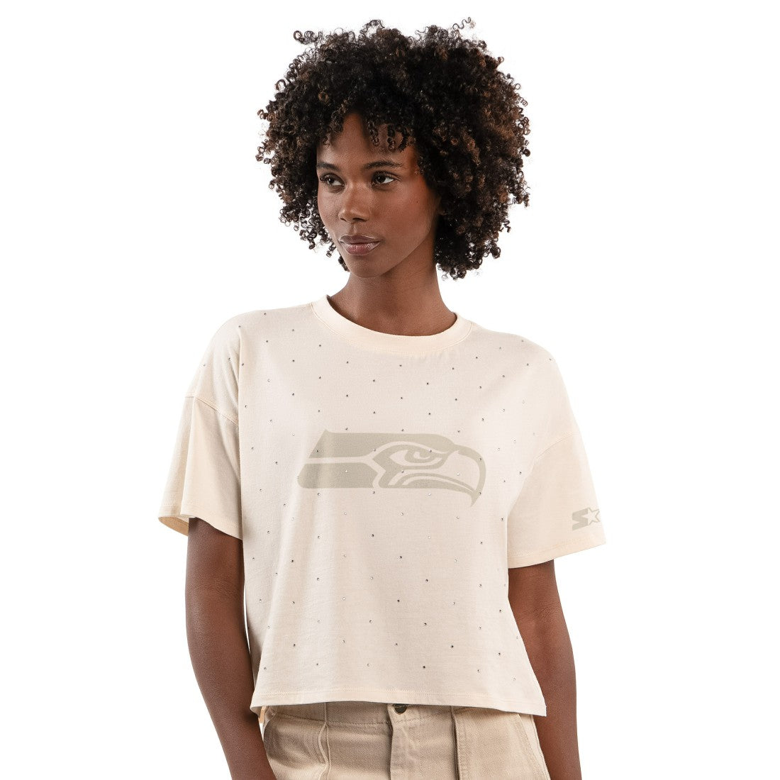 Seattle Seahawks Starter Women's Rhinestone Sprinkle Boxy Cropped T-Shirt Cream | NFL