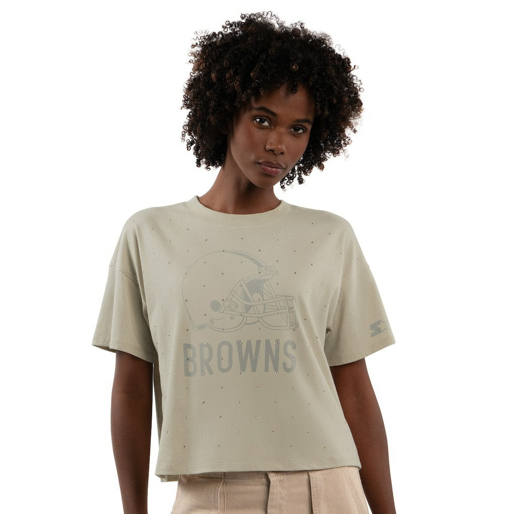 Cleveland Browns Starter Women's Rhinestone Sprinkle Boxy Cropped T-Shirt Khaki | NFL