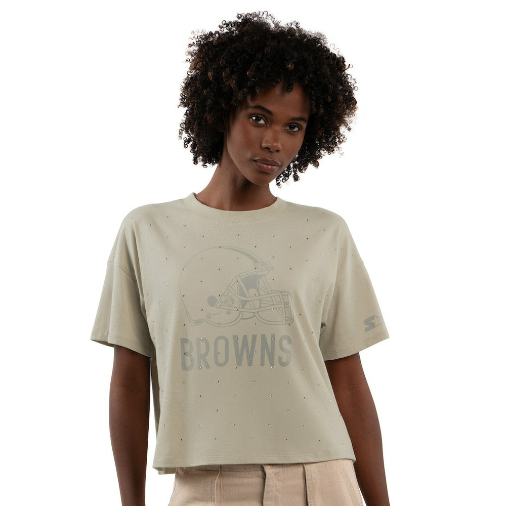 Cleveland Browns Starter Women's Rhinestone Sprinkle Boxy Cropped T-Shirt Khaki | NFL