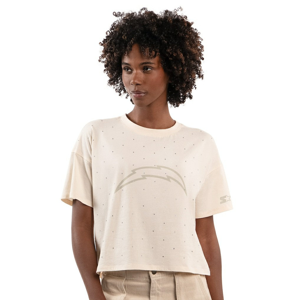 Los Angeles Chargers Starter Women's Rhinestone Sprinkle Boxy Cropped T-Shirt Cream | NFL
