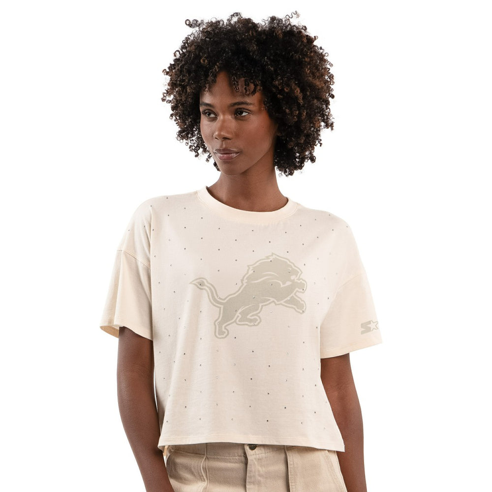 Detroit Lions Starter Women's Rhinestone Sprinkle Boxy Cropped T-Shirt Cream | NFL