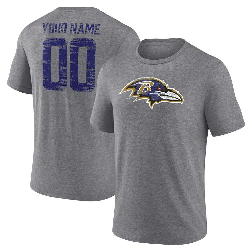 Baltimore Ravens Heritage Custom Name & Number Tri-Blend T-Shirt Gray | NFL