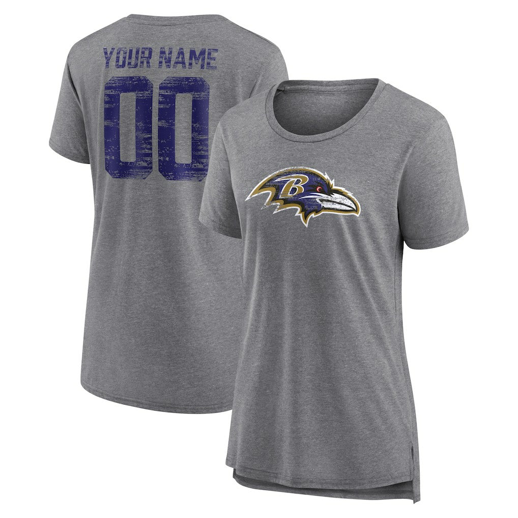 Baltimore Ravens Women's Heritage Custom Name & Number Tri-Blend T-Shirt Gray | NFL