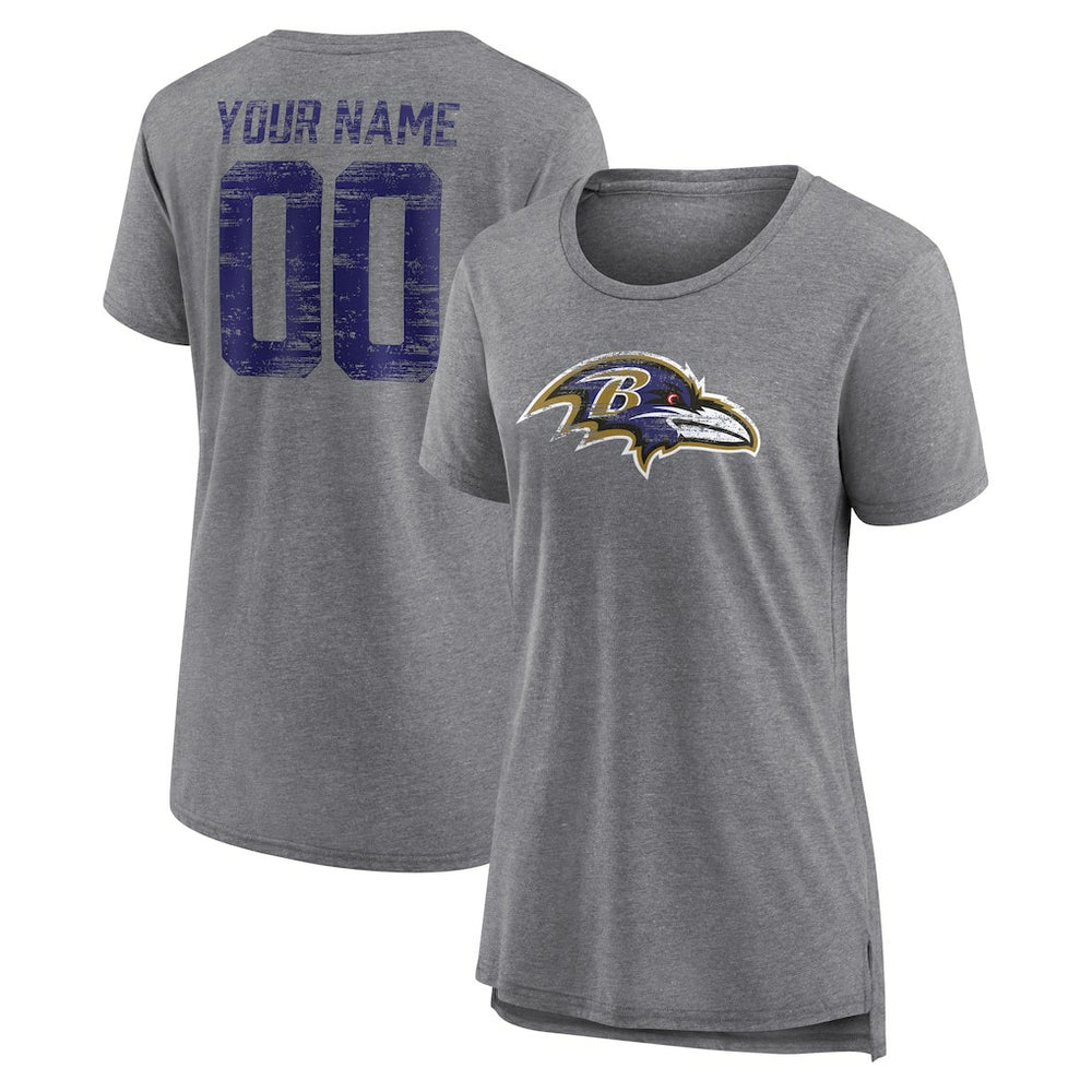 Baltimore Ravens Women's Heritage Custom Name & Number Tri-Blend T-Shirt Gray | NFL