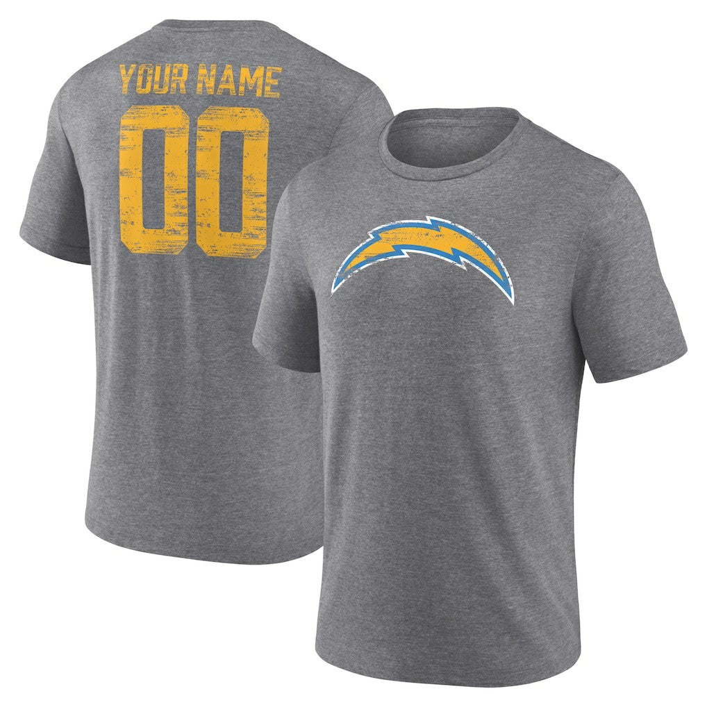 Los Angeles Chargers Heritage Custom Name & Number Tri-Blend T-Shirt Gray | NFL