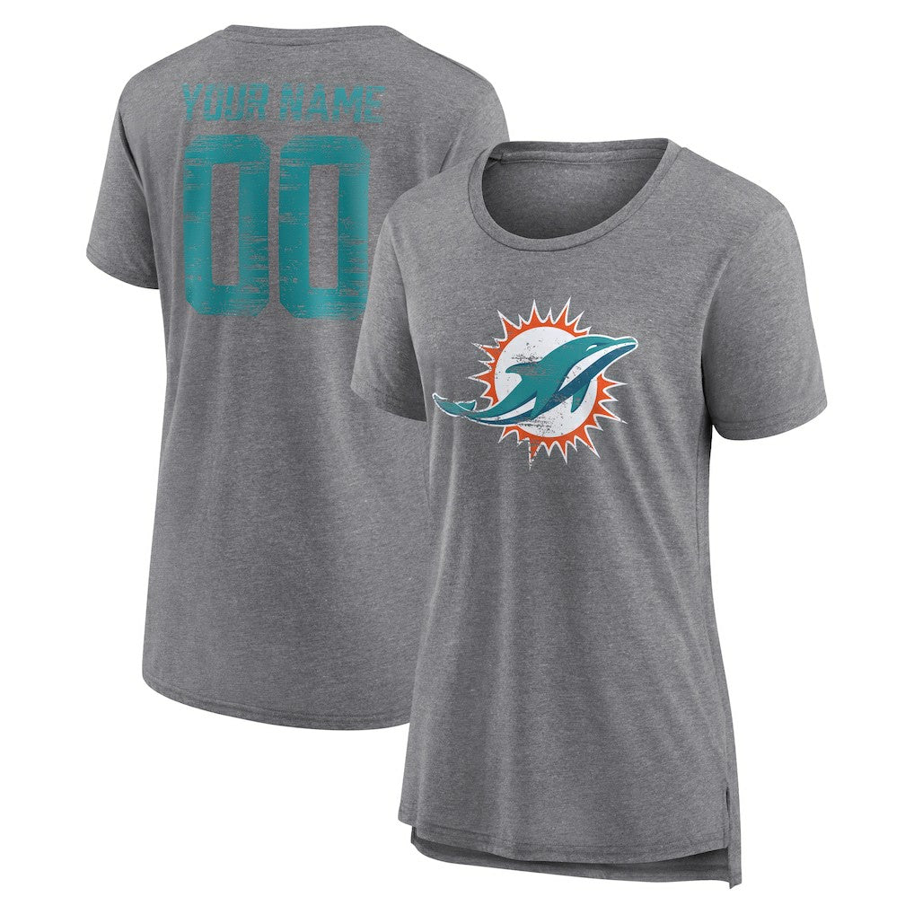 Miami Dolphins Women's Heritage Custom Name & Number Tri-Blend T-Shirt Gray | NFL