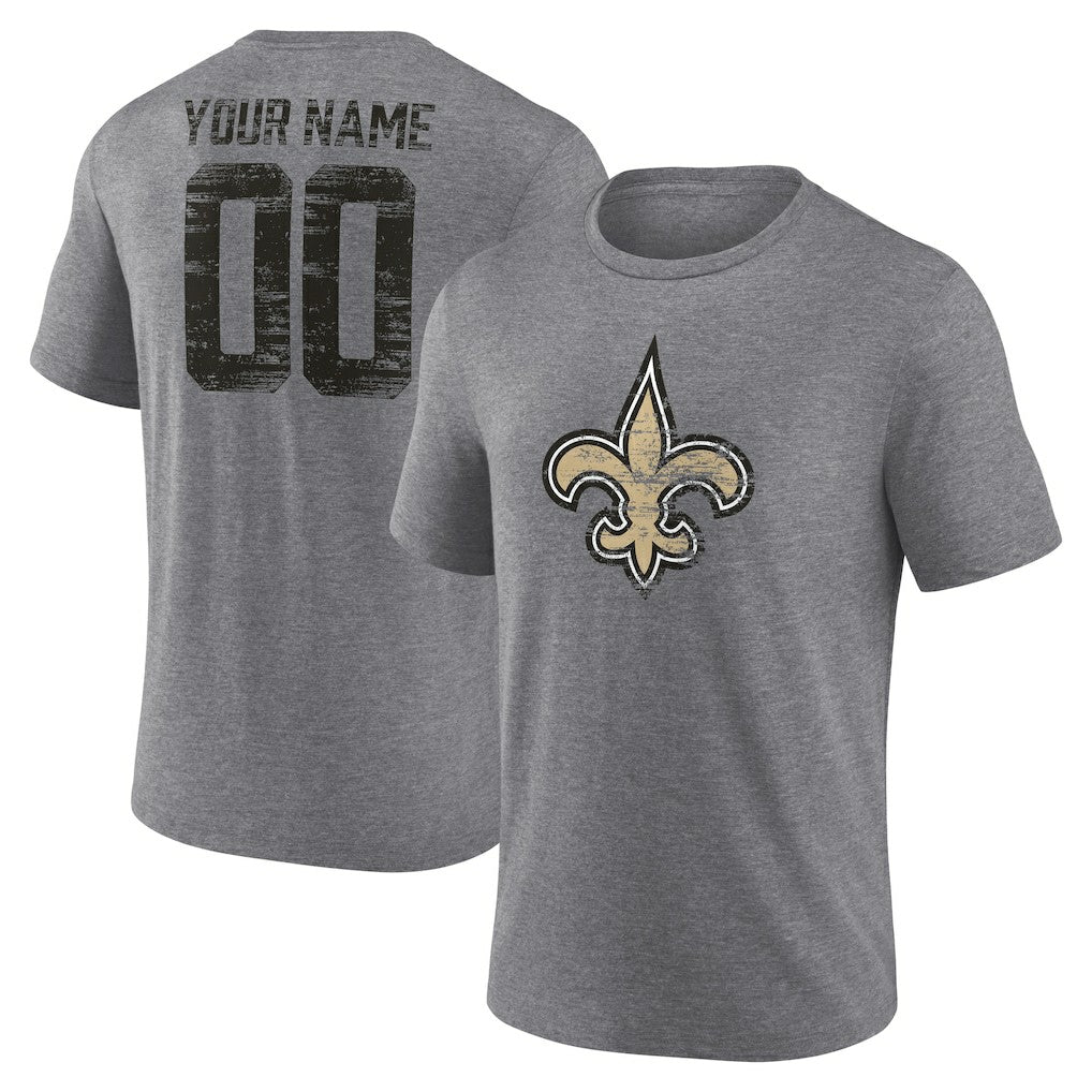 New Orleans Saints Heritage Custom Name & Number Tri-Blend T-Shirt Gray | NFL