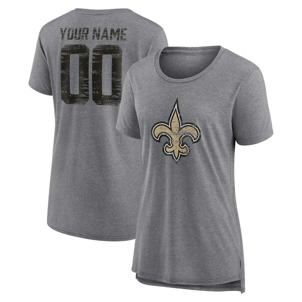 New Orleans Saints Women's Heritage Custom Name & Number Tri-Blend T-Shirt Gray | NFL