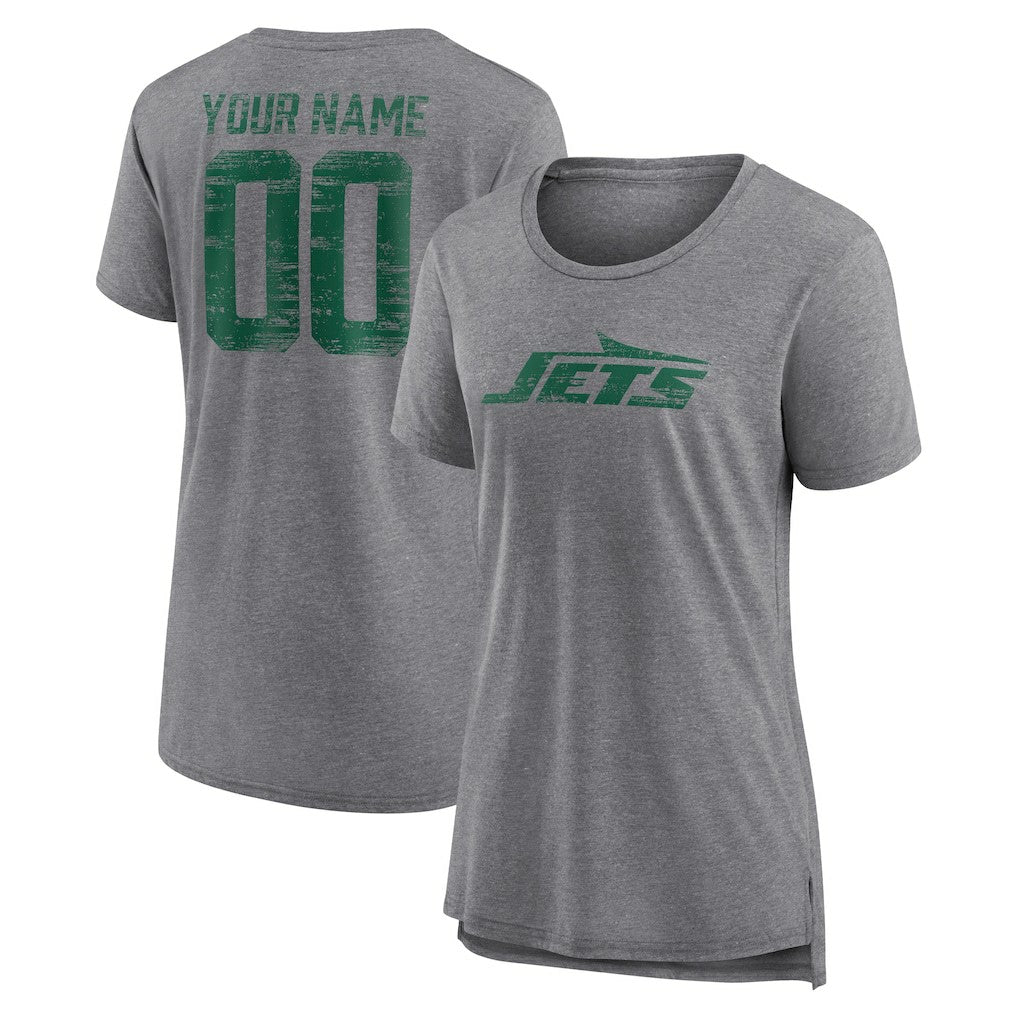 New York Jets Women's Heritage Custom Name & Number Tri-Blend T-Shirt Gray | NFL