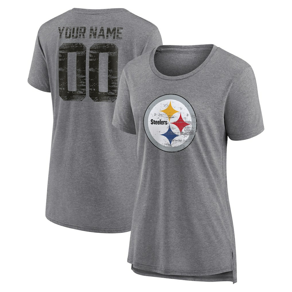 Pittsburgh Steelers Women's Heritage Custom Name & Number Tri-Blend T-Shirt Gray | NFL