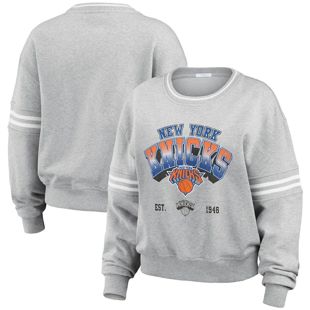 New York Knicks WEAR by Erin Andrews Women's Sleeve Stripe Fleece Crewneck Sweatshirt Gray - NBA