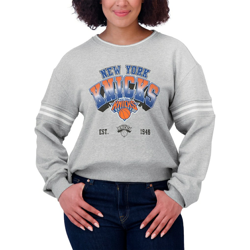 New York Knicks WEAR by Erin Andrews Women's Sleeve Stripe Fleece Crewneck Sweatshirt Gray - NBA