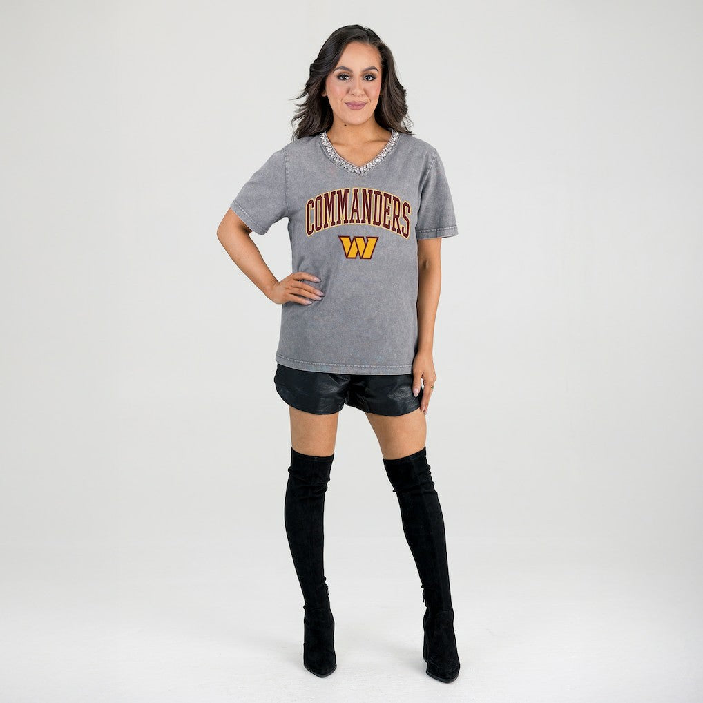 Washington Commanders Gameday Couture Women's Relaxed Iconic Edge Rhinestone V-Neck T-Shirt Gray | NFL