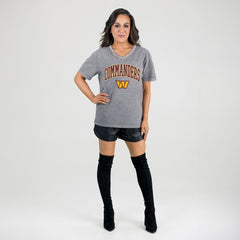 Washington Commanders Gameday Couture Women's Relaxed Iconic Edge Rhinestone V-Neck T-Shirt Gray | NFL