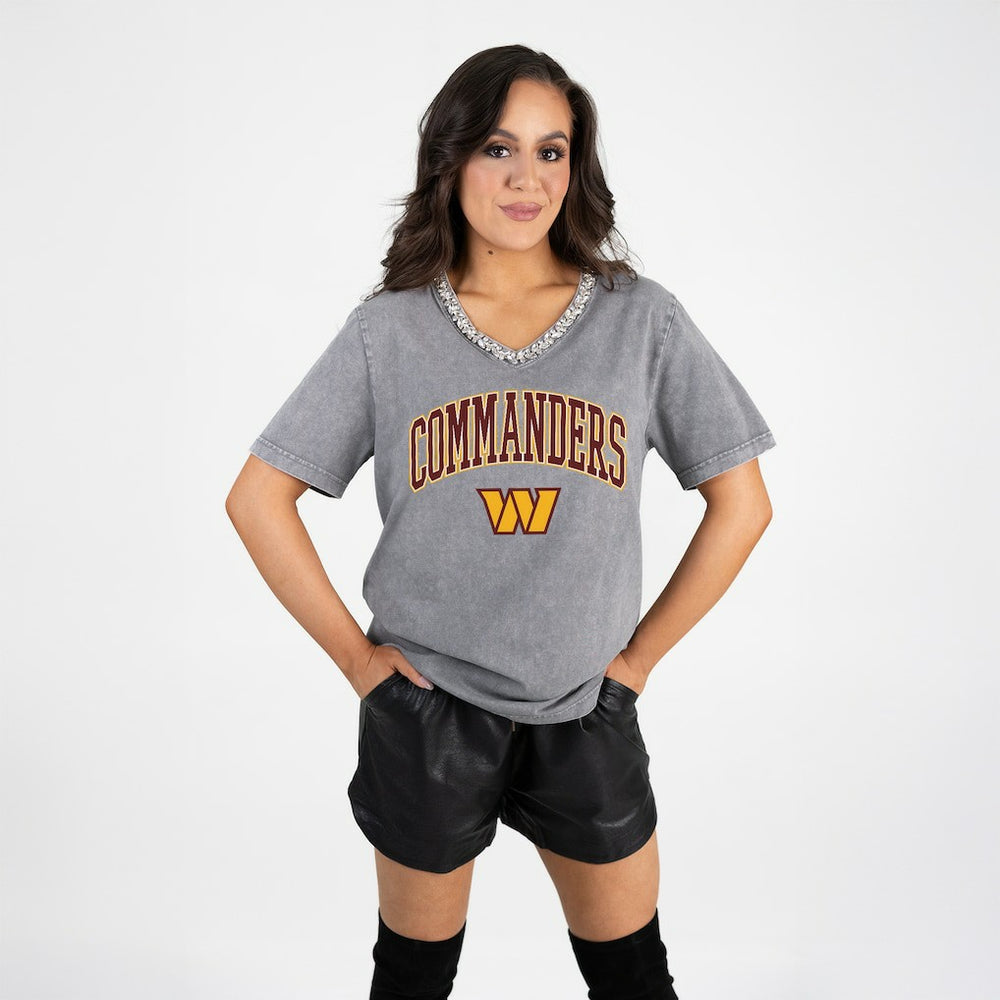 Washington Commanders Gameday Couture Women's Relaxed Iconic Edge Rhinestone V-Neck T-Shirt Gray | NFL