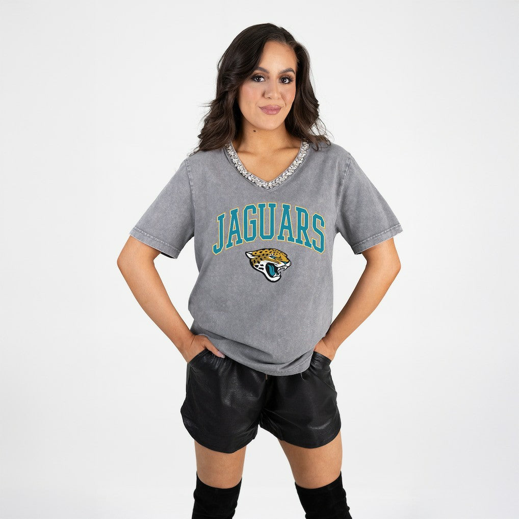 Jacksonville Jaguars Gameday Couture Women's Relaxed Iconic Edge Rhinestone V-Neck T-Shirt Gray | NFL