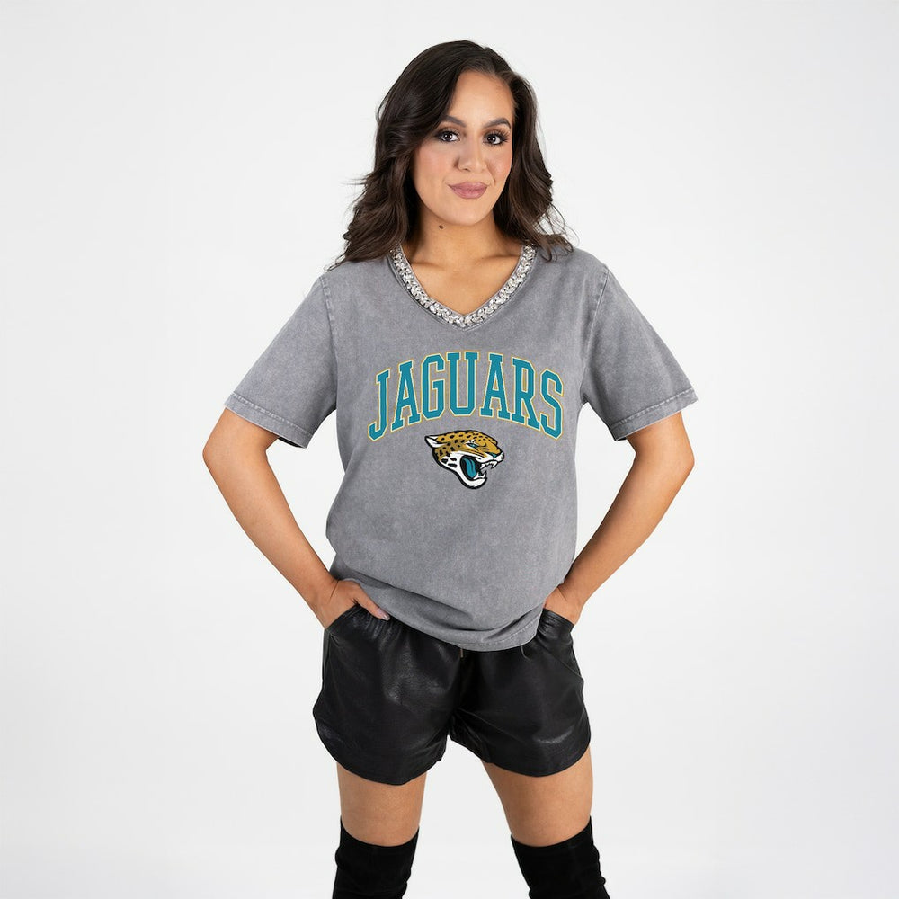 Jacksonville Jaguars Gameday Couture Women's Relaxed Iconic Edge Rhinestone V-Neck T-Shirt Gray | NFL