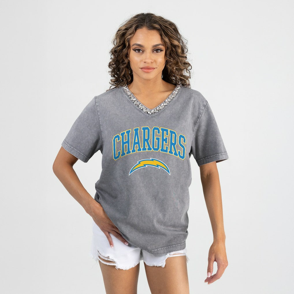 Los Angeles Chargers Gameday Couture Women's Relaxed Iconic Edge Rhinestone V-Neck T-Shirt Gray | NFL