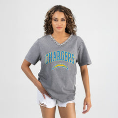 Los Angeles Chargers Gameday Couture Women's Relaxed Iconic Edge Rhinestone V-Neck T-Shirt Gray | NFL